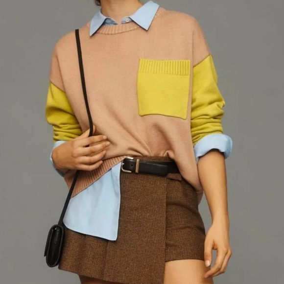 Anthropologie Dolan Colorblock Beige Green Crewneck Sweater Size Small NWT - Picture 1 of 11